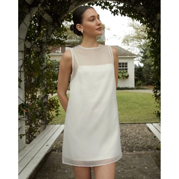 REFORMATION Vina Mesh Mini Dress Womens 8 White Cream Silk Layered Sheer Slip - Picture 1 of 16